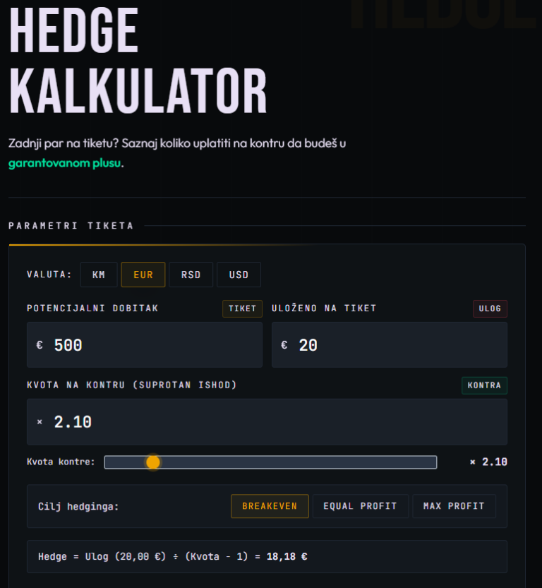KALKULATOR BRANJENJA TIKETA (HEDGE CALCULATOR)