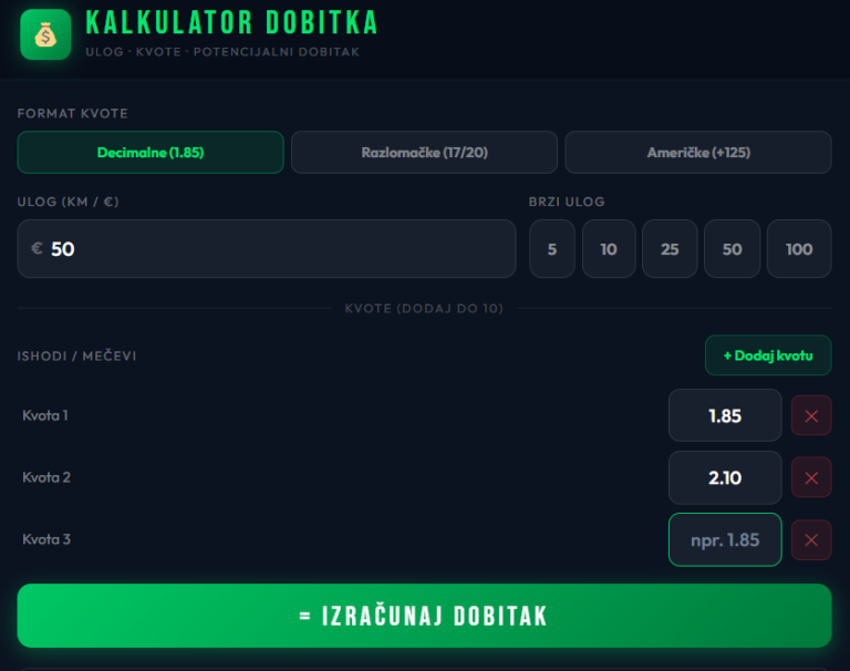 kalkulator kvota i potencijalnog dobitka na kladionici